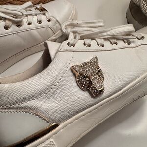 Aldo White Sneakers with Gold and Silver Panther Detail